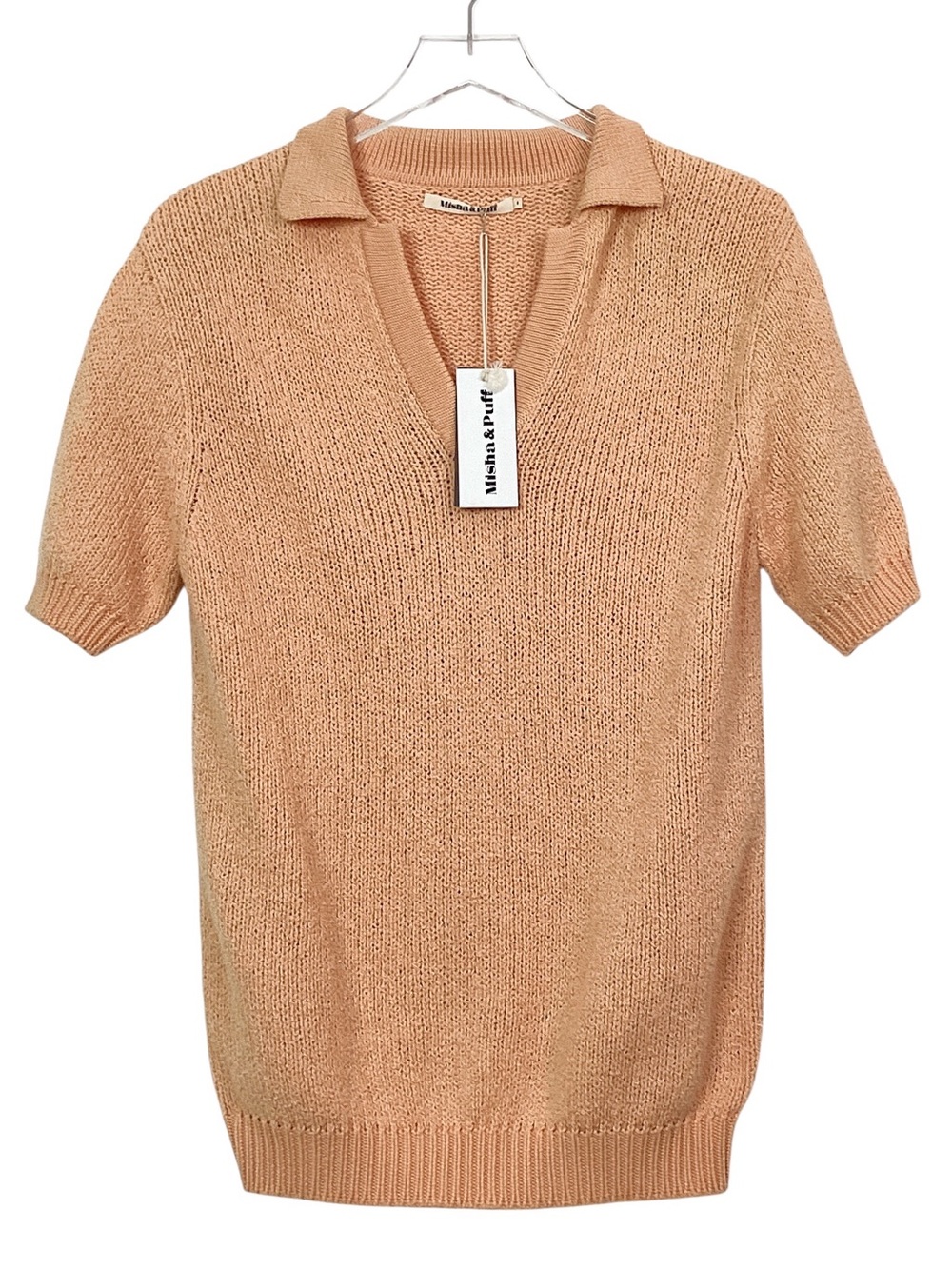 Misha & Puff Boucle Monday Polo Pale Peach NWT Size S Cotton Knit Collared Top